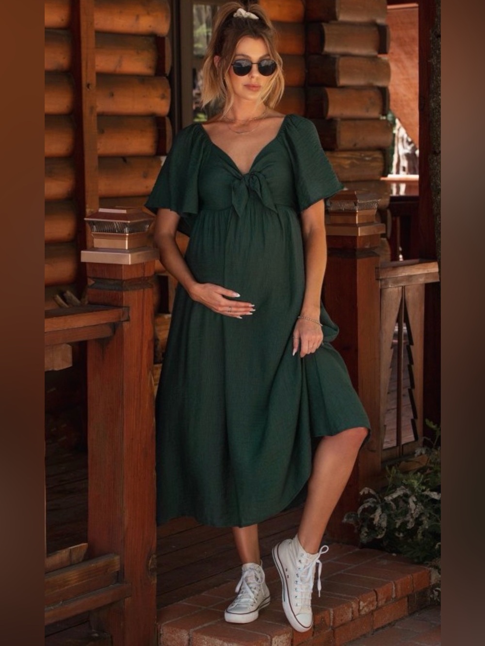 PinkBlush Green Maternity Tie-Front Midi Dress
